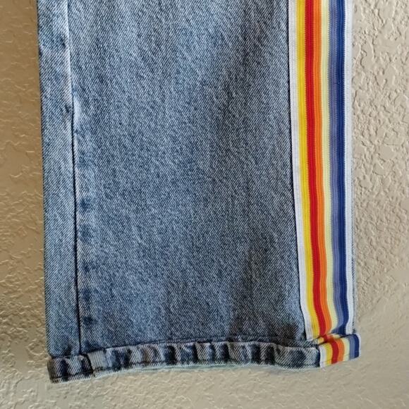 Retro 1 Rainbow Striped Embellished Relaxed Wide Leg Mid Rise Blue Jeans 9 / 29 - Picture 3 of 10